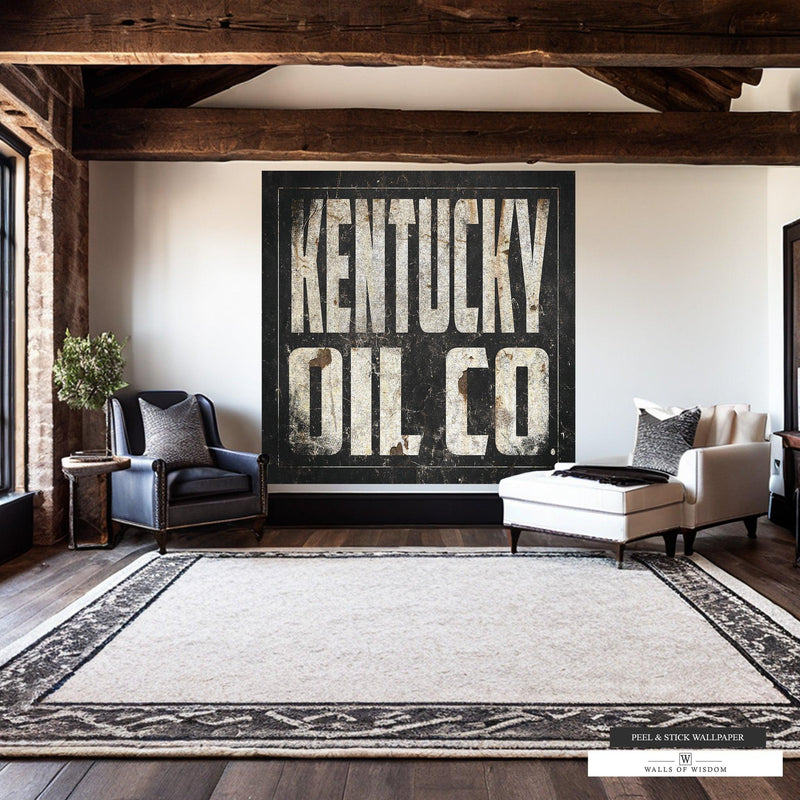 Vintage Kentucky Oil Co wall mural with distressed black metal background