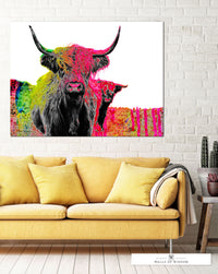 Pink Painted Highland Cow Large Canvas - Boho Maximalist Colorful Wall Art