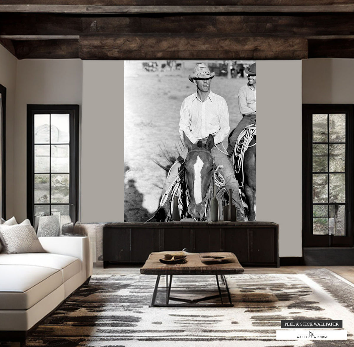 Western Cowboy Print Wallpaper Mural -  Smoking Cowboy Horse Peel and Stick