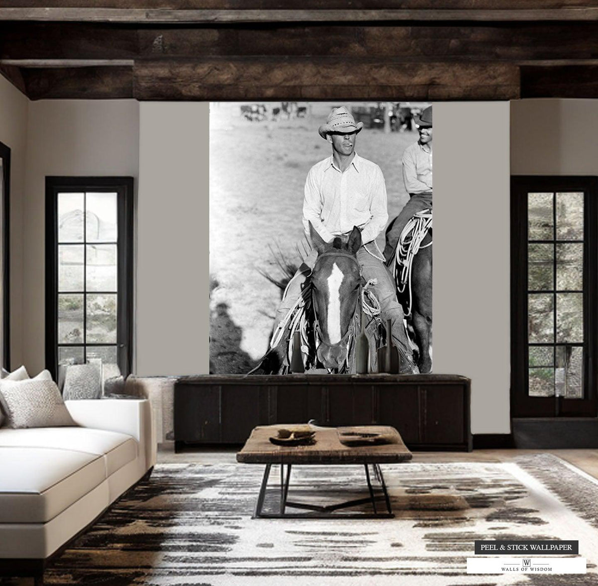 Western Cowboy Print Wallpaper Mural - Smoking Cowboy Horse Peel and Stick