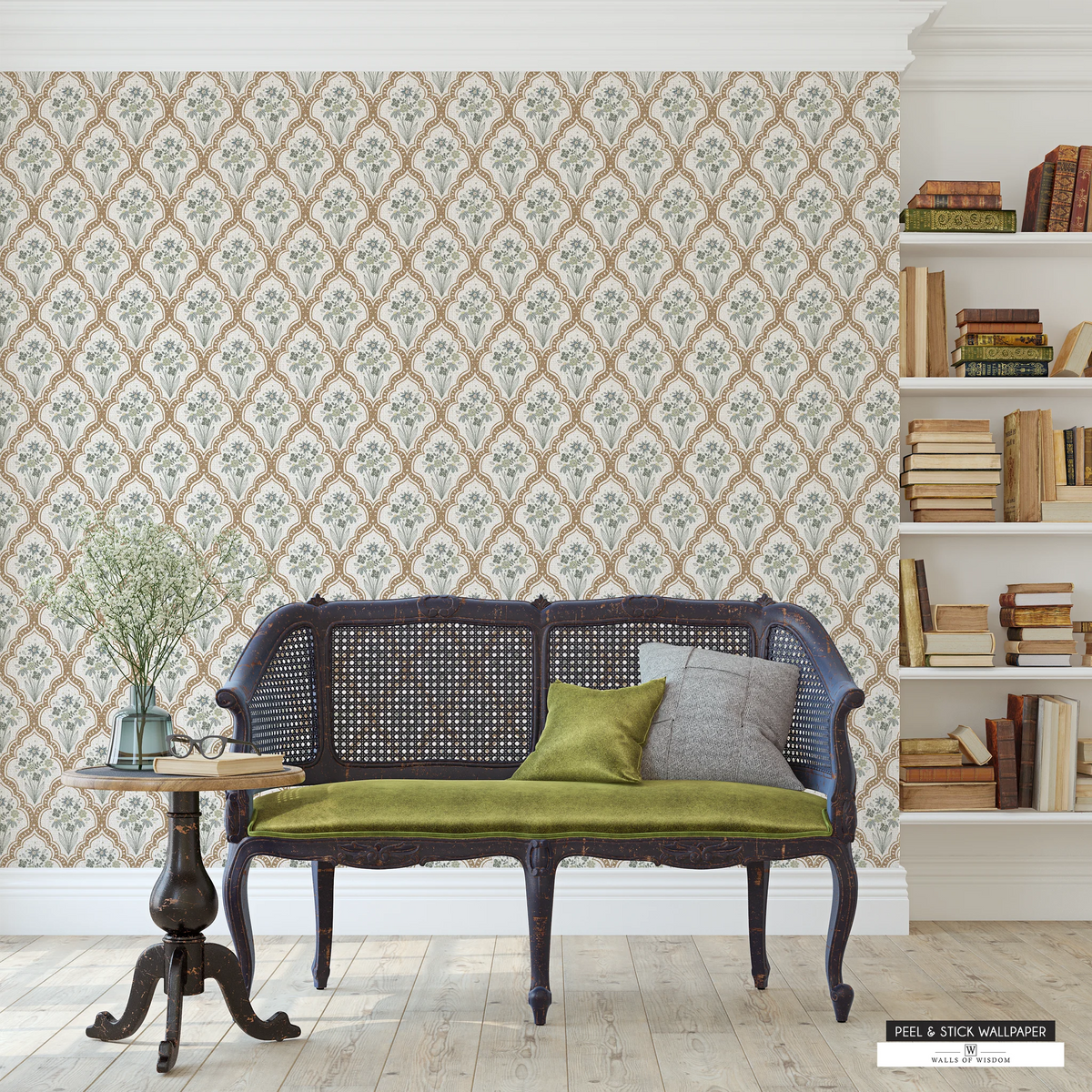 Renter-friendly floral wallpaper with a light brown lattice and vintage-inspired design.