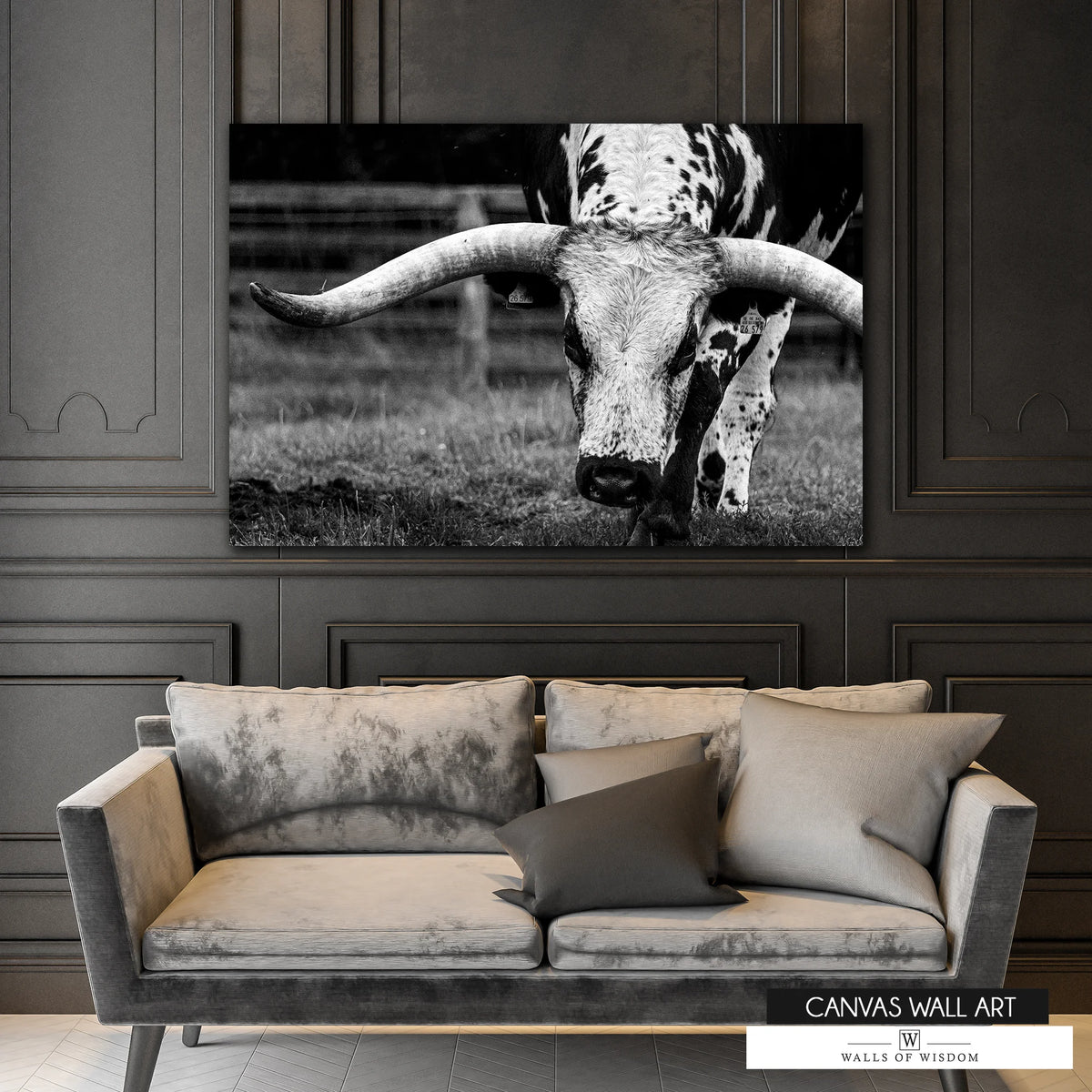 Rustic Texas Longhorn canvas print for Western farmhouse decor.
