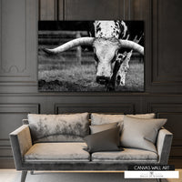 Rustic Texas Longhorn canvas print for Western farmhouse decor.

