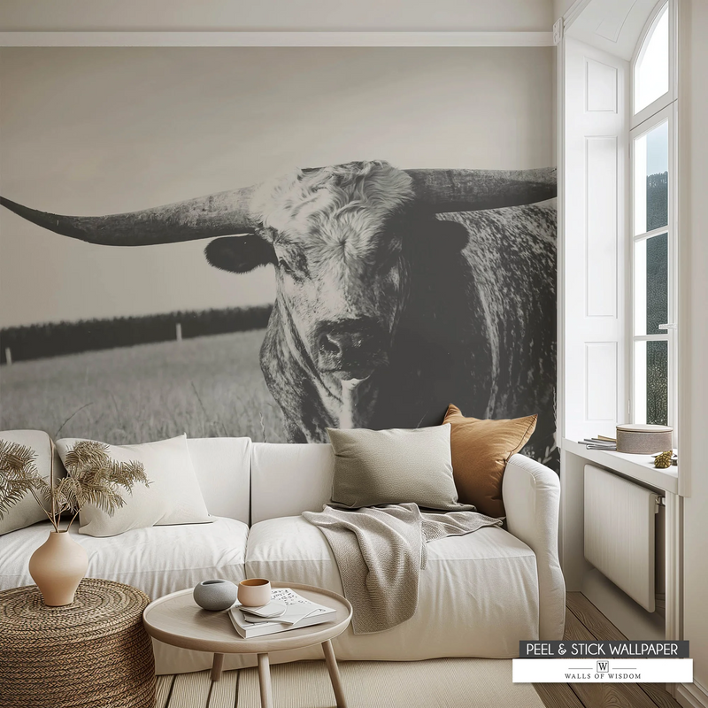 Texas Longhorn Sepia Tone Peel and Stick Wallpaper Mural for Western Decor