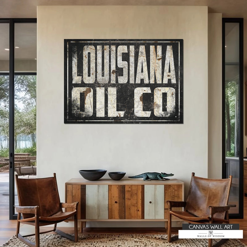 Rustic oilfield wall art with a weathered Louisiana Oil Co. sign, perfect for industrial and Western decor.