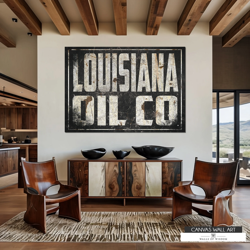 Louisiana Oil Co. vintage canvas print featuring distressed metal-style design with bold industrial typography.