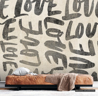 Distressed 'Love' Linen Wallpaper - Neutral Boho Farmhouse Peel & Stick Mural