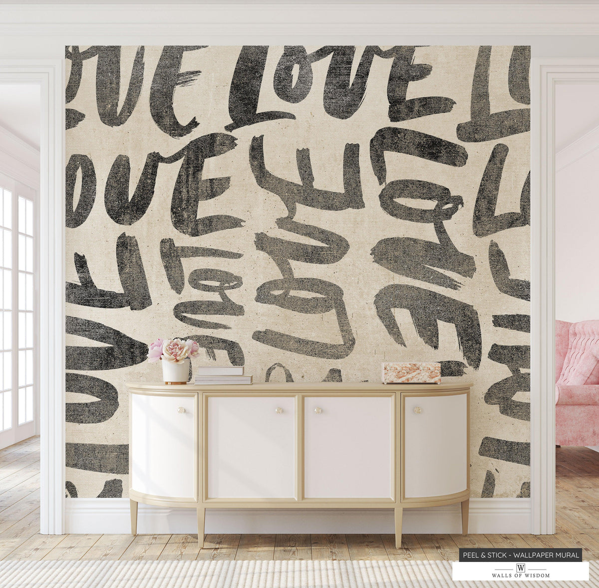 Distressed 'Love' Linen Wallpaper - Neutral Boho Farmhouse Peel & Stick Mural