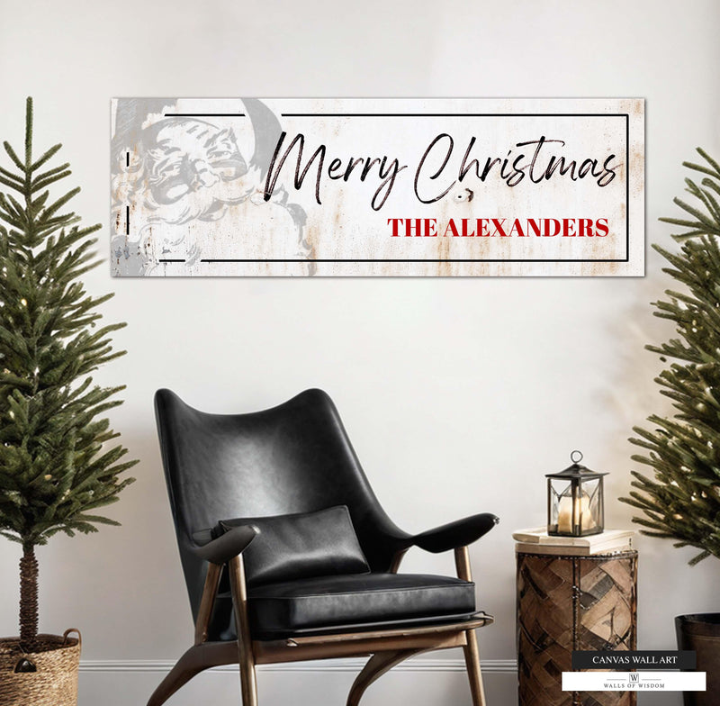Personalized vintage Western Christmas name sign with holiday colors.