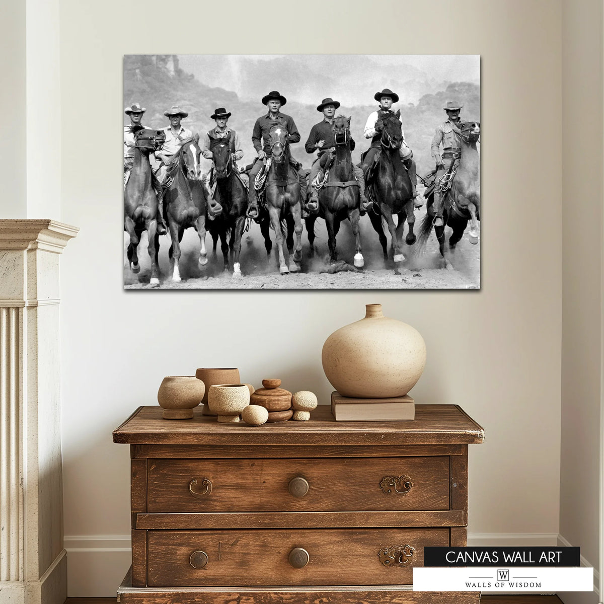 Bold monochrome cowboy canvas print for rustic and Western decor.