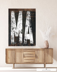 Massachusetts State Western Typography Canvas Wall Art: Blending Industrial Charm & Farmhouse Warmth