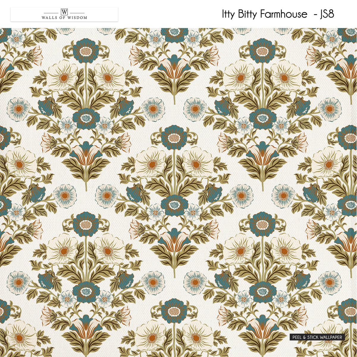 Vintage farmhouse peelable wallpaper featuring slate blue and burnt orange floral accents.