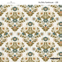 Vintage farmhouse peelable wallpaper featuring slate blue and burnt orange floral accents.