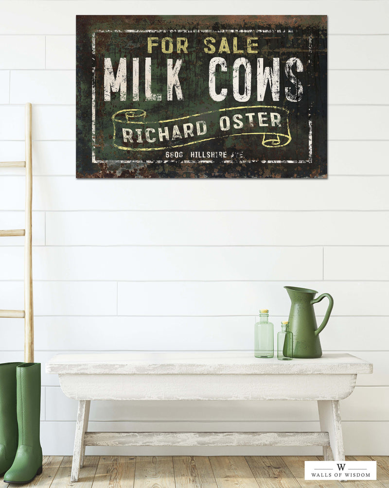 Milk Cows For Sale Vintage Farm Sign Canvas Wall Art - Cattle Ranch Sign Rustic Print