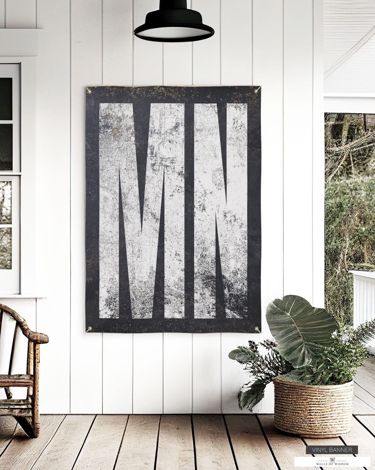 Minnesota-themed vinyl banner featuring urban Twin Cities and serene Boundary Waters.