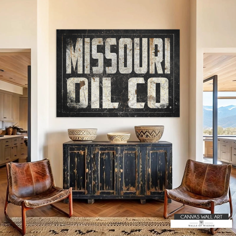 Rustic oil industry wall art with a black background and off-white typography, perfect for industrial decor.