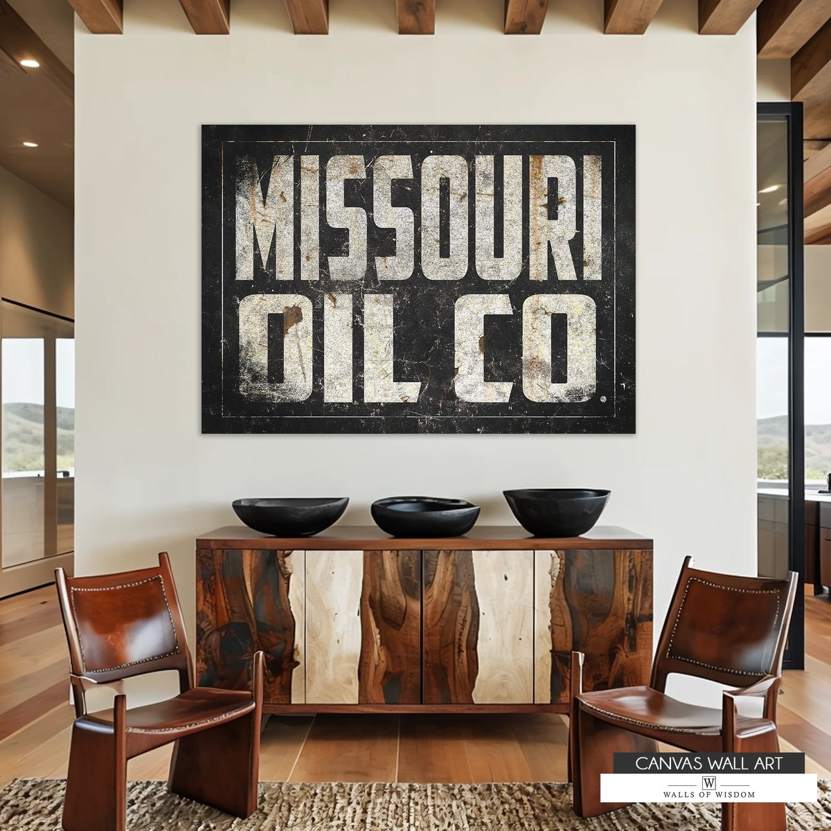 Vintage Missouri Oil Co. canvas featuring a distressed industrial-style sign with rugged Western appeal.