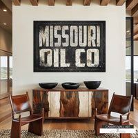 Vintage Missouri Oil Co. canvas featuring a distressed industrial-style sign with rugged Western appeal.