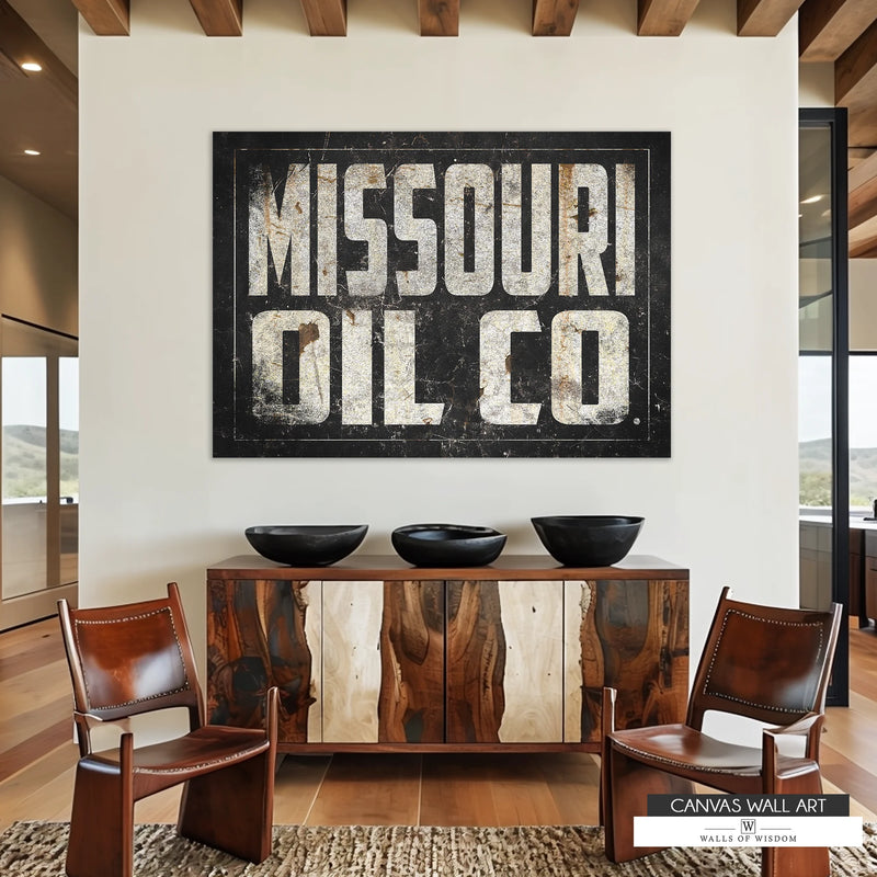 Vintage Missouri Oil Co. canvas featuring a distressed industrial-style sign with rugged Western appeal.