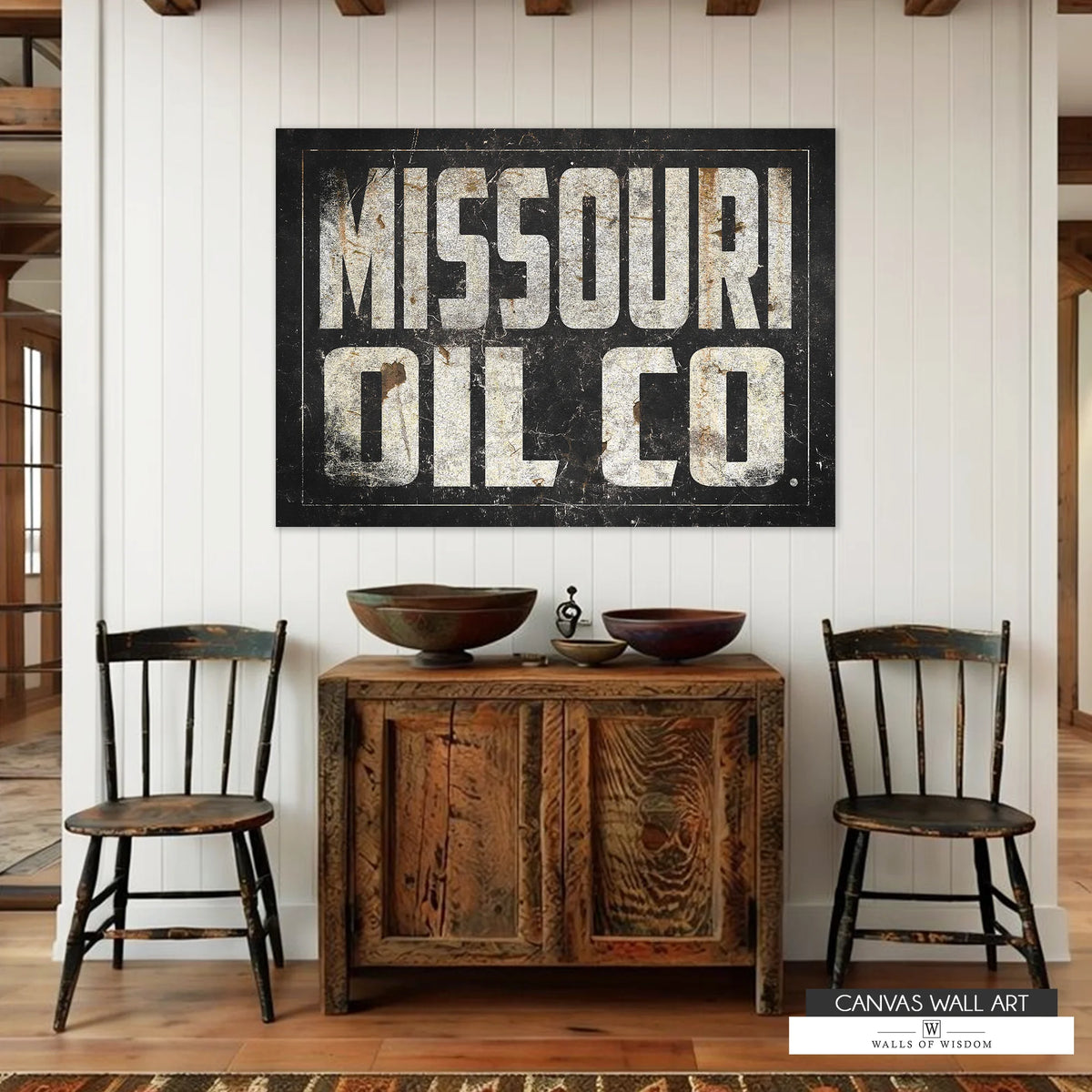 Aged Missouri Oil Co. sign print with a weathered, antique aesthetic, ideal for workspaces and man caves.