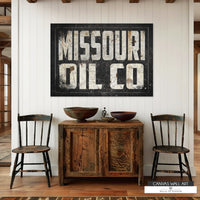 Aged Missouri Oil Co. sign print with a weathered, antique aesthetic, ideal for workspaces and man caves.