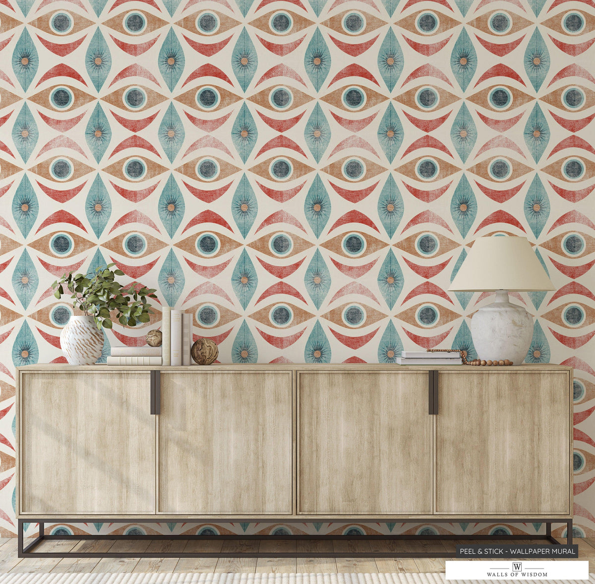 Retro 70s Geometric Wallpaper in Distressed Blue, Rusty Brown & Cream - Peel & Stick