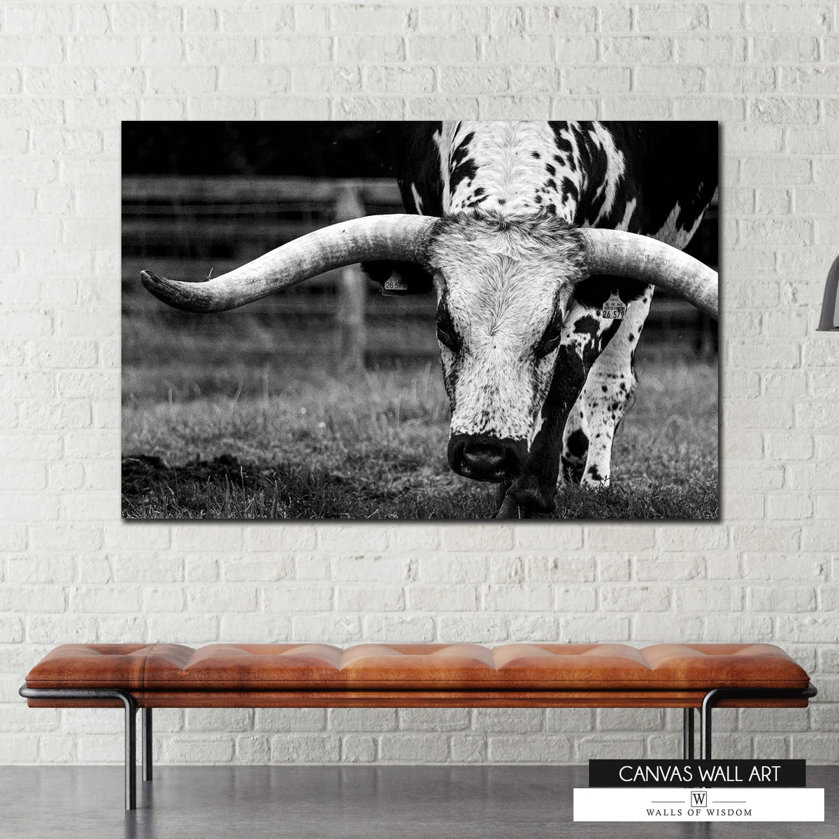 Western Longhorn cattle canvas artwork with vintage appeal.