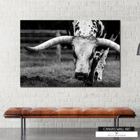 Western Longhorn cattle canvas artwork with vintage appeal.