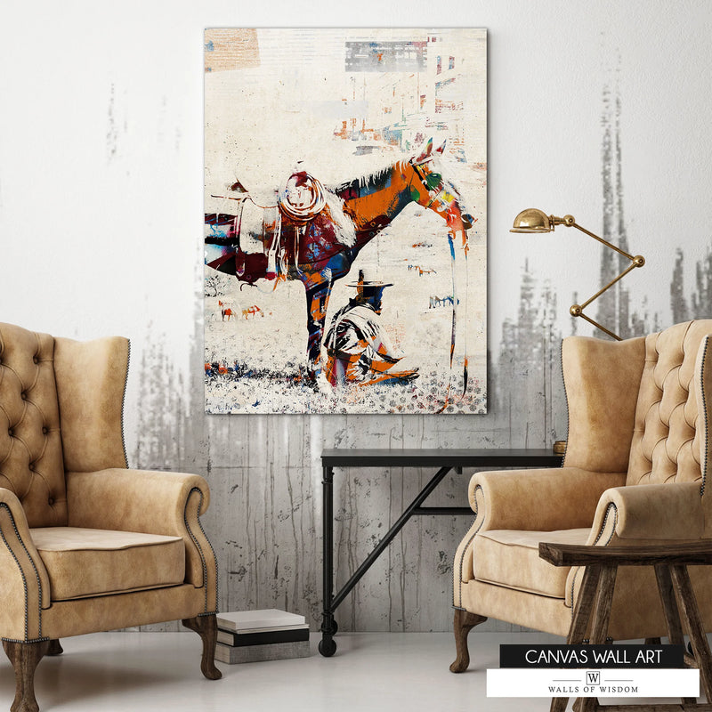 Urban cowboy canvas print featuring a vintage black-and-white cowboy and horse with bold spray-painted accents.
