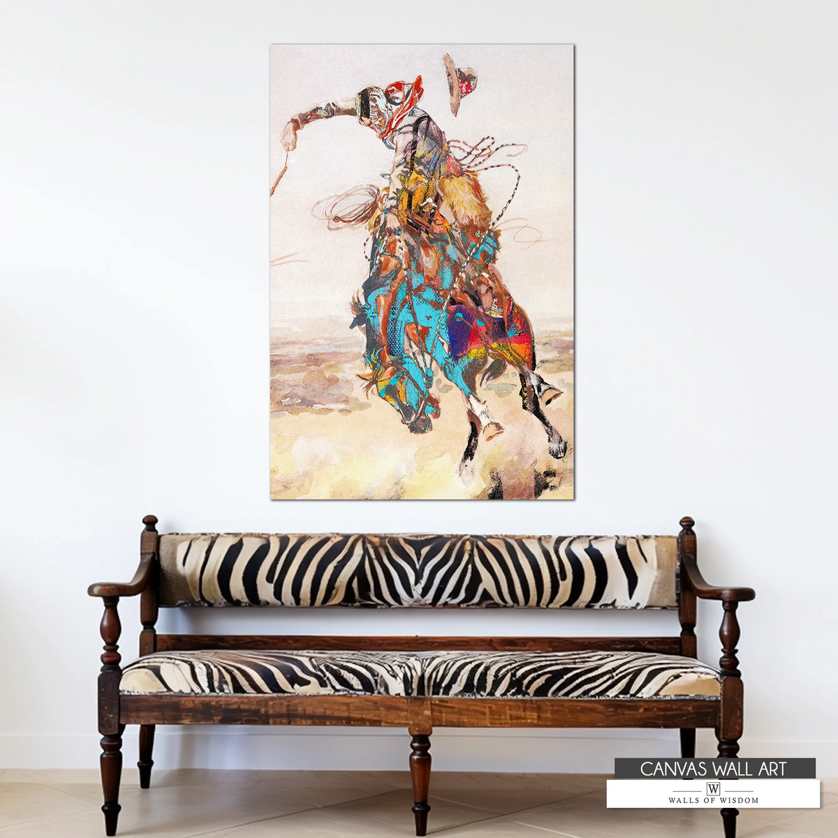 Urban Cowboy bronc canvas print featuring a modern abstract rodeo cowboy in bold contemporary tones.