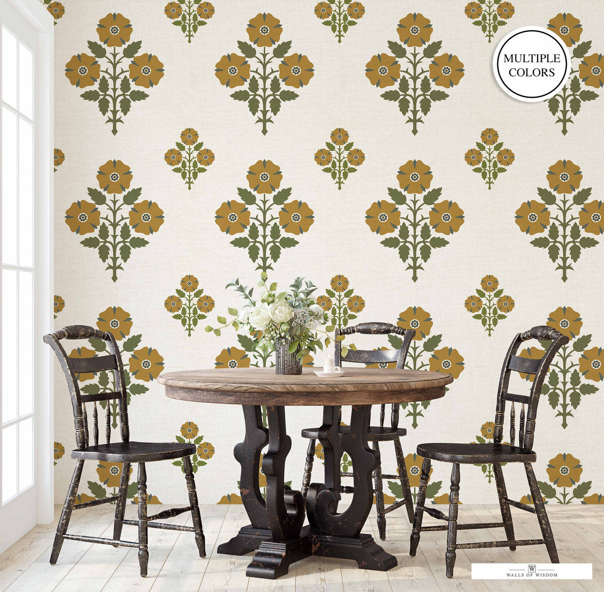 Sage Green and Mustard Yellow Modern Floral Wallpaper in a faux grasscloth texture, perfect for living room decor