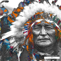 Striking Western wall art featuring Chief Iron Shell in a reimagined black and white portrait with modern accents.