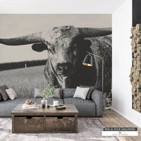 Rustic Western removable wallpaper featuring Texas Longhorn in sepia