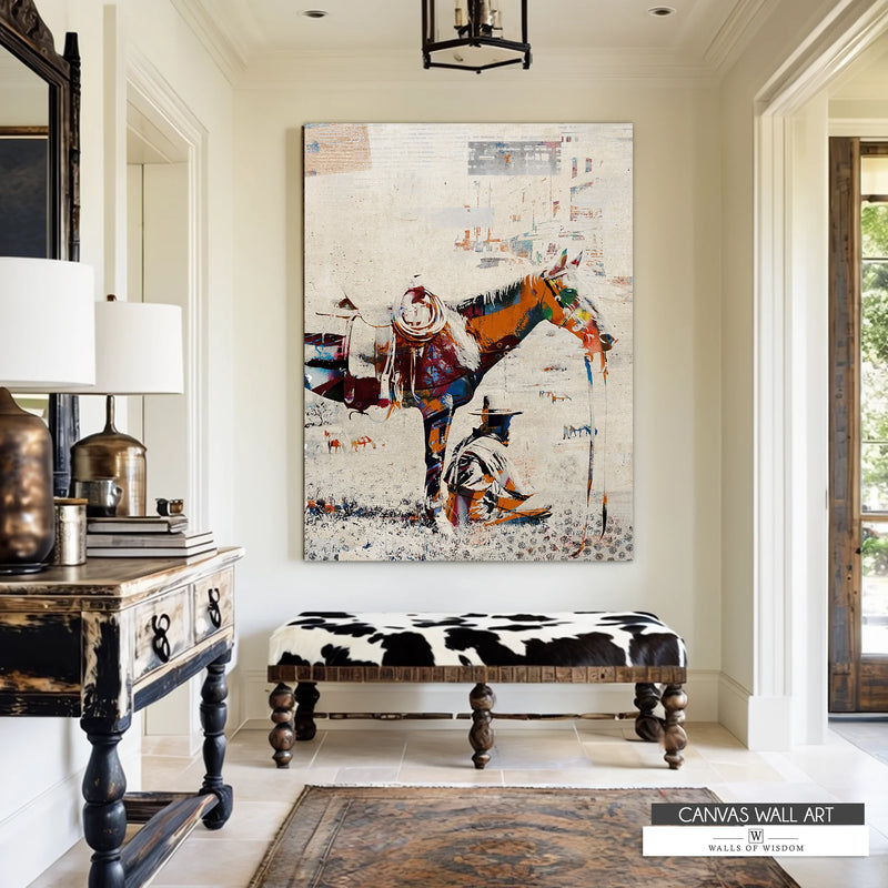Urban cowboy canvas print featuring a vintage black-and-white cowboy and horse with bold spray-painted accents.