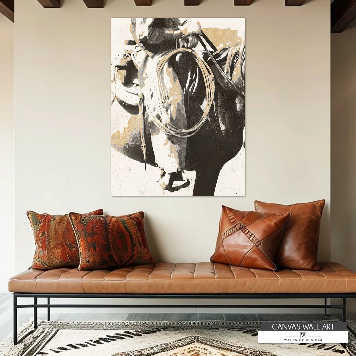 Modern Cowboy on horseback in neutral creams, beige and black.