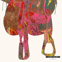 Vintage saddle art in modern pop style, perfect for eclectic ranch or cowgirl spaces