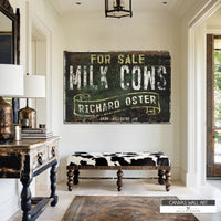 Rustic farmhouse wall art featuring distressed lettering on a weathered black and green background.