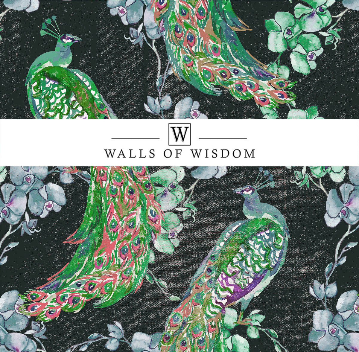 Moody green removable wallpaper with detailed peacocks in a watercolor design, perfect for a nature-inspired decor.