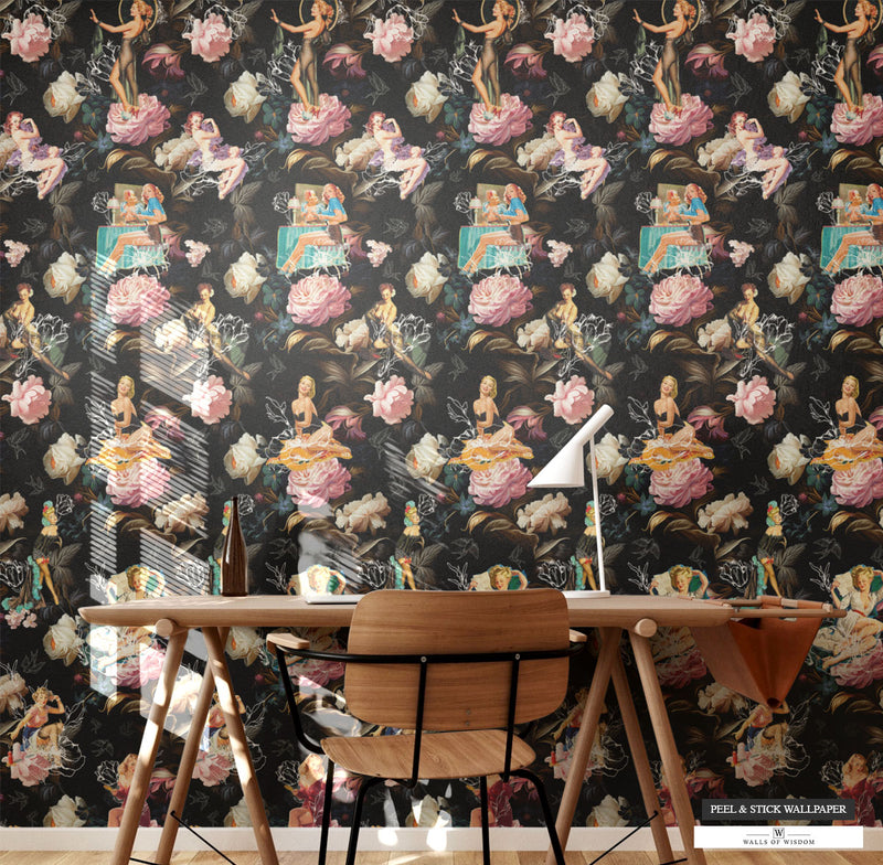 Retro-inspired Dark Moody Peelable Wallpaper with pinup girls and vintage sparrows amid lush floral designs