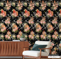 Maximalist home accent wall adorned with Pinup Girl & Pink Rose Hummingbird Wallpaper.