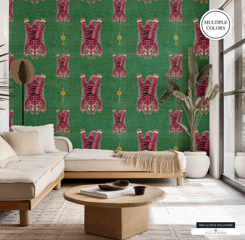 Vibrant and exotic living room decorated with Tibetan Tiger Peel & Stick Wallpaper in moody greens and orange.