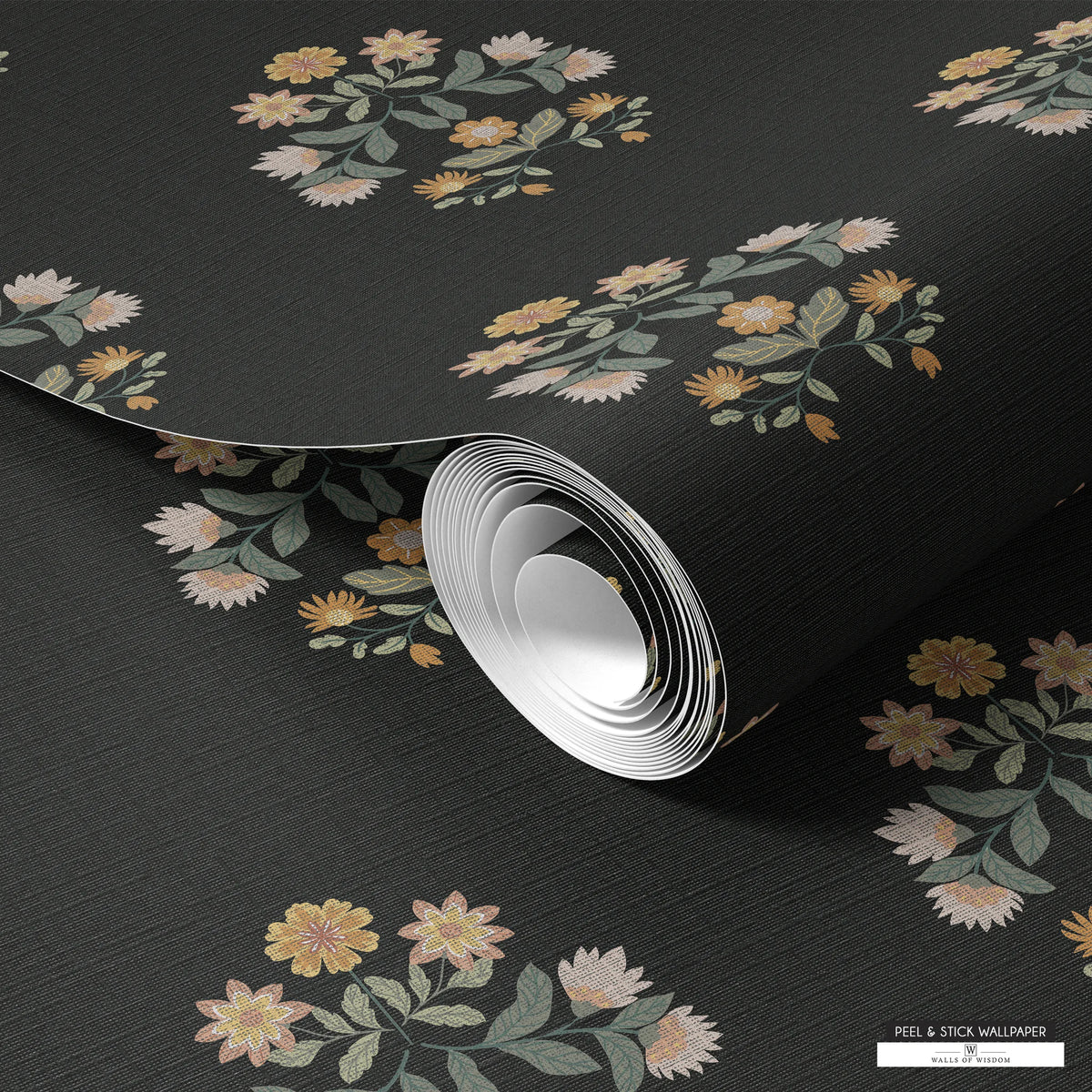 Country cottage peelable wallpaper with black linen texture and elegant floral accents.