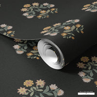 Country cottage peelable wallpaper with black linen texture and elegant floral accents.
