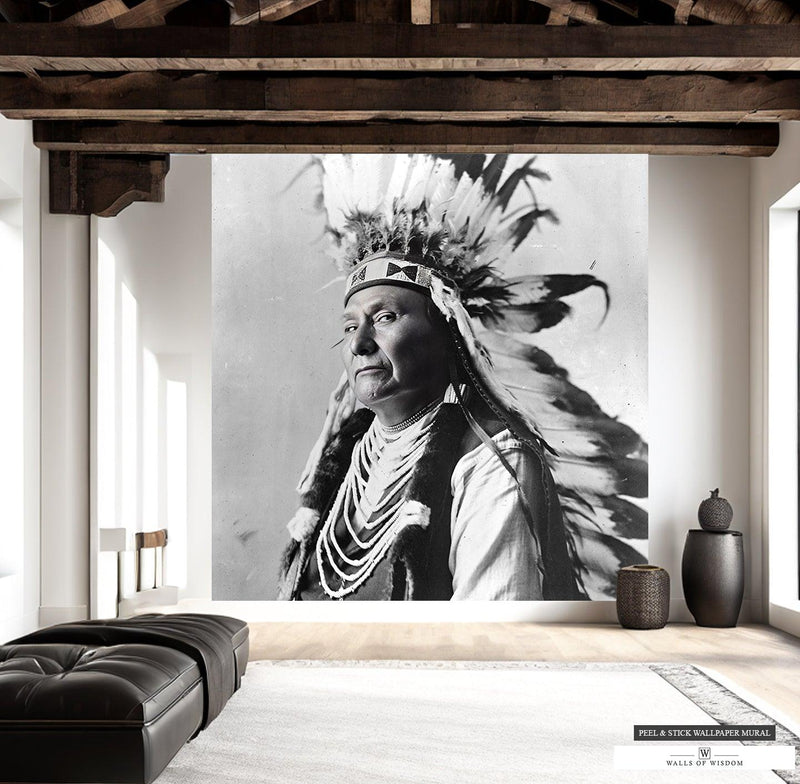 Vintage photo mural of Chief Joseph in Native American headdress.