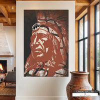 Modern Native American Chief canvas print with earthy tones, blending rustic Western and contemporary styles.