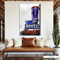 Western neon cowboy boot canvas wall art with rustic charm and a modern glow, perfect for entryways and bars.