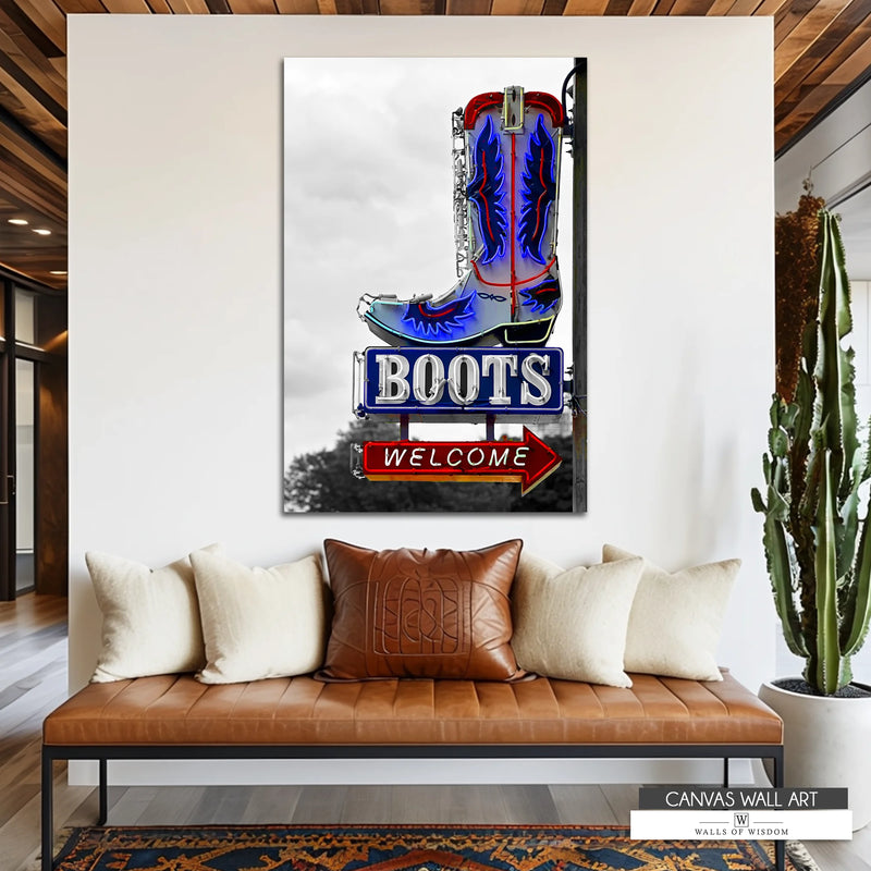 Western neon cowboy boot canvas wall art with rustic charm and a modern glow, perfect for entryways and bars.