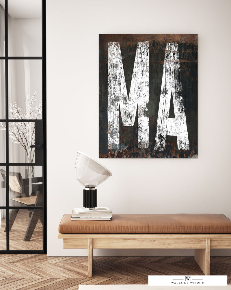 Massachusetts State Western Typography Canvas Wall Art: Blending Industrial Charm & Farmhouse Warmth
