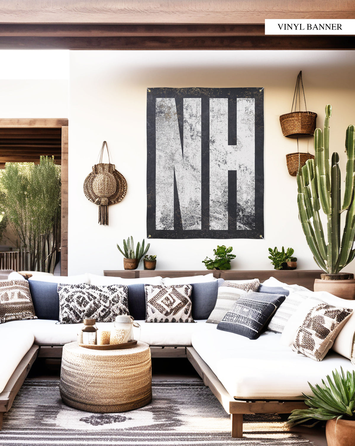"Showcase New Hampshire's enduring charm with this easy-to-install 'NH' vinyl banner, designed to bring a touch of elegance to both indoor and outdoor spaces."