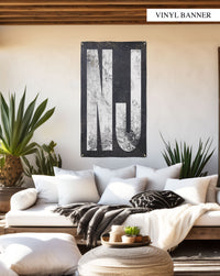 Stylish and durable 'NJ' banner, celebrating New Jersey's unique essence. Weather-resistant, perfect for living spaces or outdoor areas.